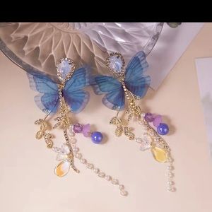 Fairy Core Long Faux Pearl Clear AB Crystal Butterfly Twig Design Dangle Earring